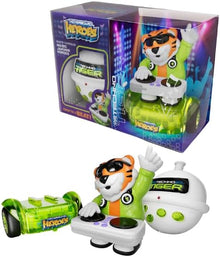 Techno Tiger Hoverboard-Figur: orange-weißer Tiger in grünem Anzug, in Box