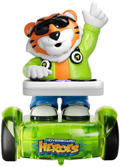 Techno Tiger Figur auf Hoverboard mit grünem Anzug, orange-weißem Tigerkopf und dunklen Augen