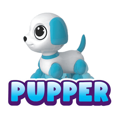 Tiny Movers white puppy character with blue ears and paw pads