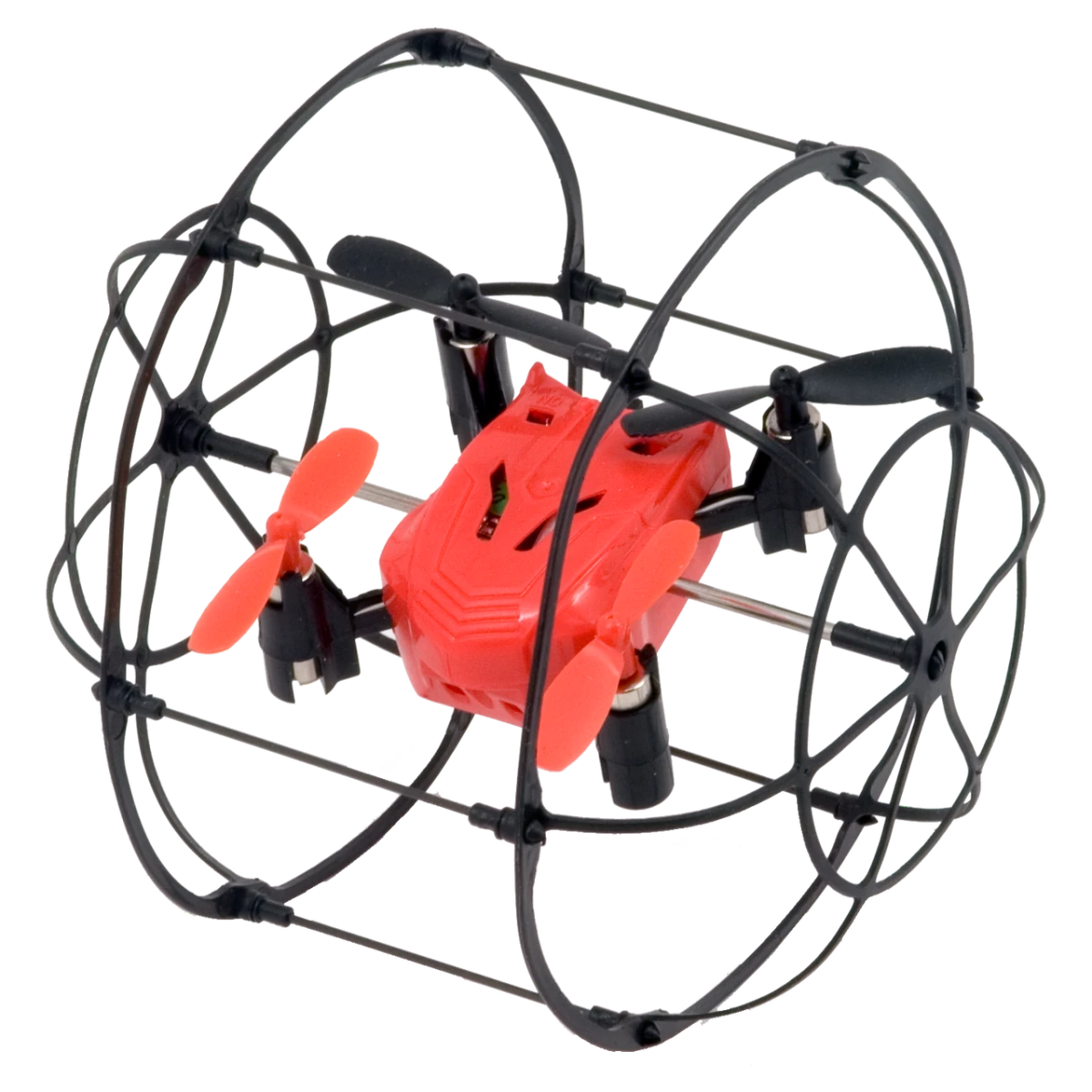 Turbo Runner: roter Mini-Quadcopter im Schutzkäfig, mit Propellern und Kamera-Optik