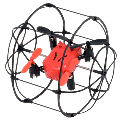 Turbo Runner: roter Mini-Quadcopter im Schutzkäfig, mit Propellern und Kamera-Optik
