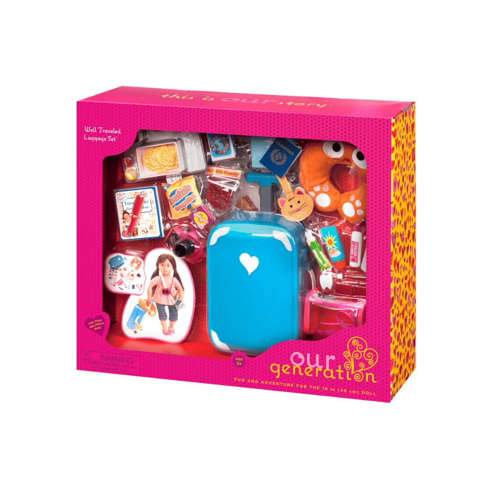 18-inch doll travel luggage set in pink retail box with suitcase and accessories