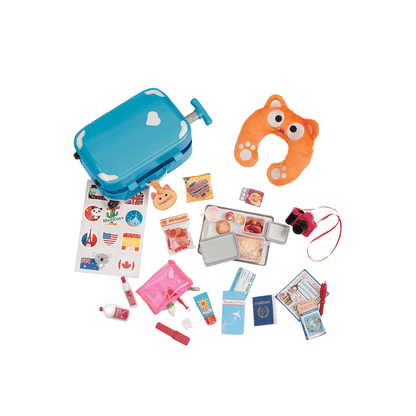 Blue suitcase with travel accessories for 18-inch dolls, plus orange plush bag