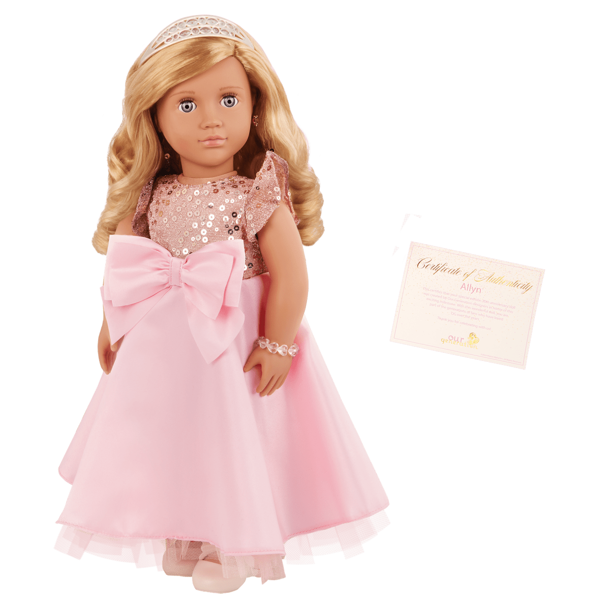 Allyn 30th Anniversary Puppe, blonde Haare, rosafarbenes Kleid mit Schleife