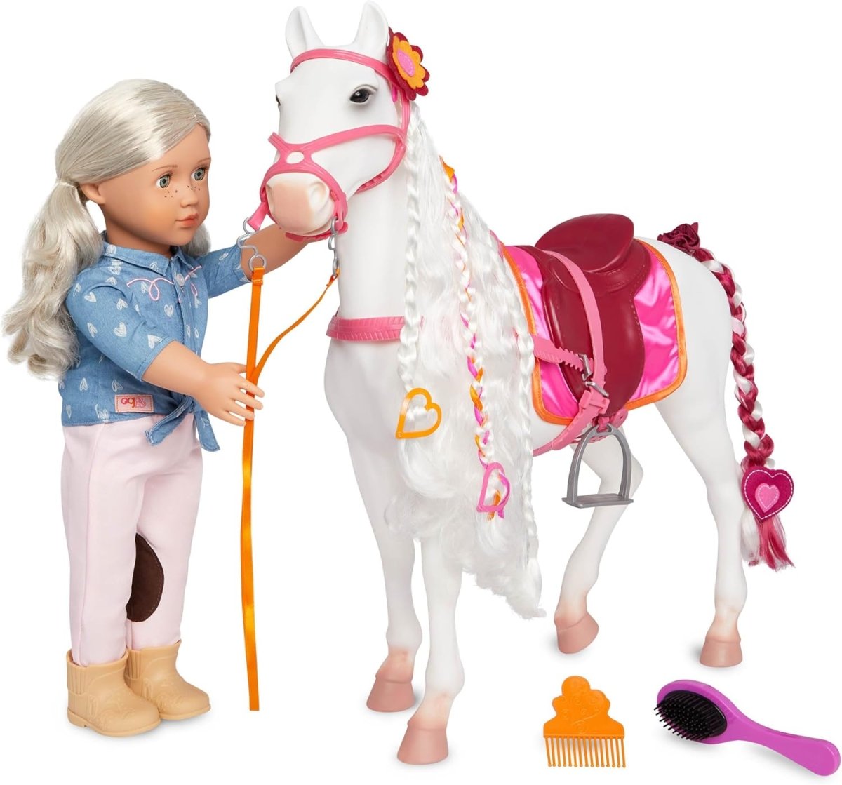 Camarillo Horse: weißes Spielzeugpferd mit pinkem Zaumzeug, Sattel und Herzanhänger