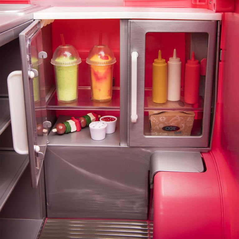Pink toy food truck playset side cabinet with drink cups and condiment bottles