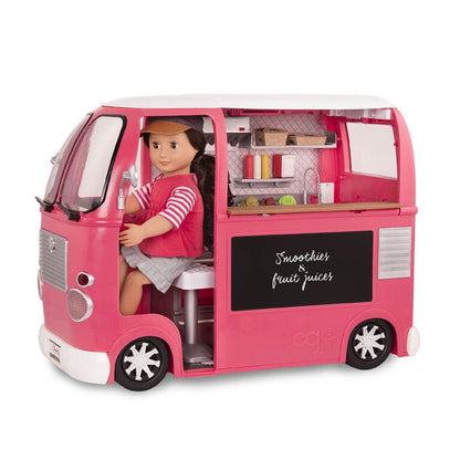 Pink toy food truck playset with chef doll inside and open kitchen service window