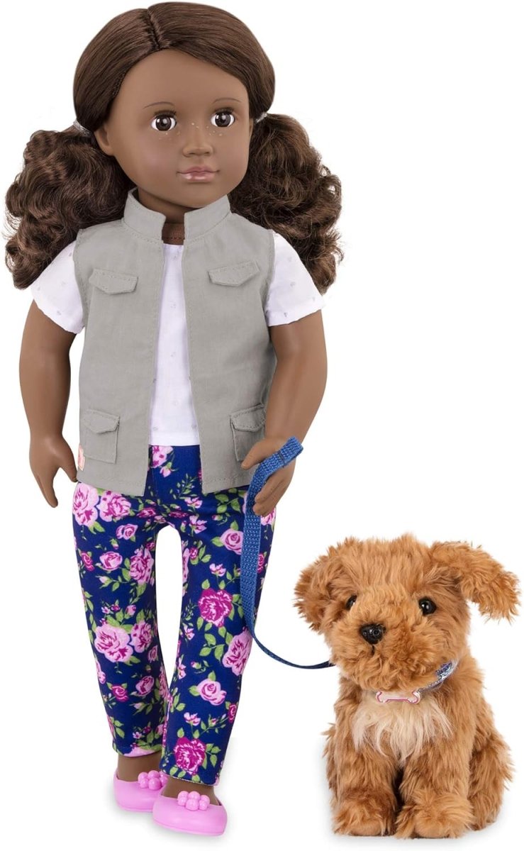 Malia doll in white vest and floral pants with brown poodle dog