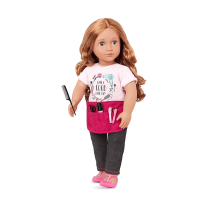 Hairdresser doll with long brown hair, white T-shirt, pink apron, dark jeans, comb