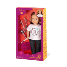 Hairdresser doll in box, Sabrina with brown hair, pink outfit and styling tools