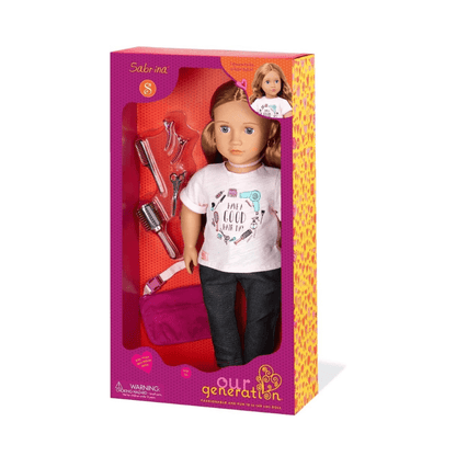Hairdresser doll in box, Sabrina with brown hair, pink outfit and styling tools