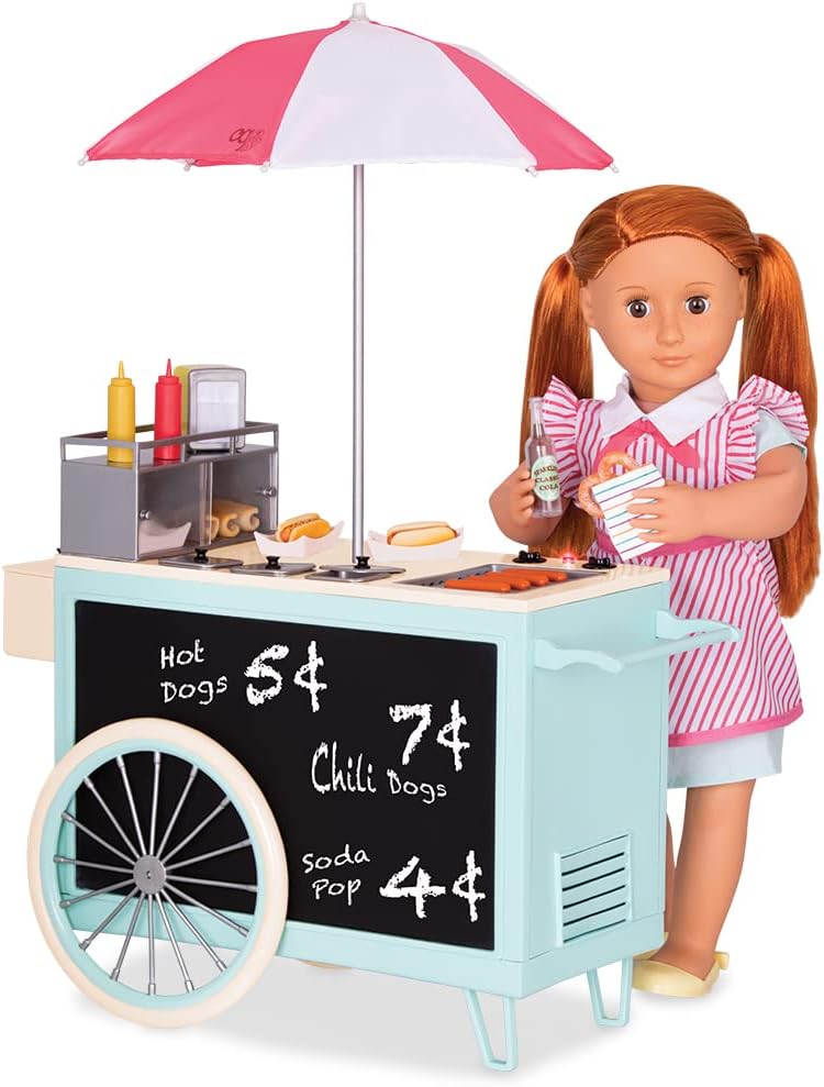 Hot dog cart toy with umbrella and menu board, plus standing doll in striped dress