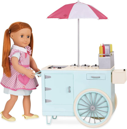 Hot dog stand toy with doll holding tray, pink-and-white umbrella, light-blue cart