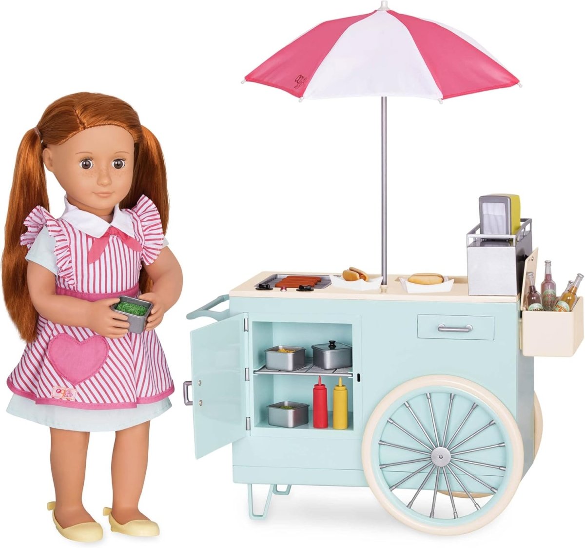 Hot dog cart toy with open shelves, pink-and-white umbrella, and doll holding food