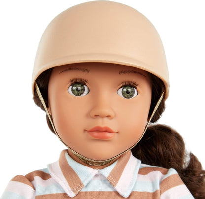 Action doll close-up with beige helmet, green eyes, and striped shirt collar