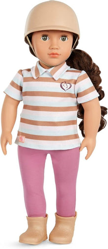 Action doll in beige helmet, striped polo shirt and mauve pants, tan boots