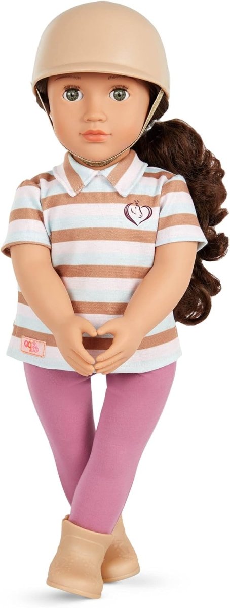 Action doll with beige helmet, striped polo and mauve pants, tan boots, hands clasped