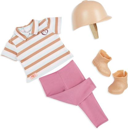 Action doll clothing set: striped polo shirt, mauve pants, tan boots, beige helmet