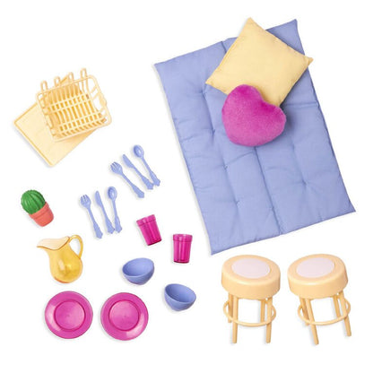Camper playset accessories: bedding, bowls, cups, plates, utensils, and tableware