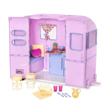 Playset camper trailer with open door, kitchen counter, sink, stove, and window blinds