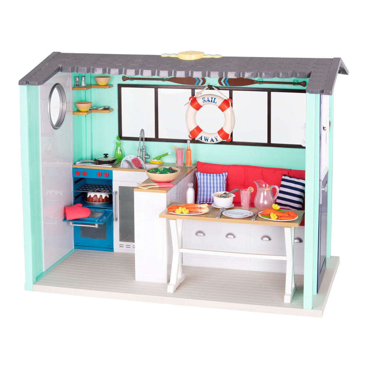 Seaside Beach House playset with open kitchen, counter, sink, lifebuoy ring