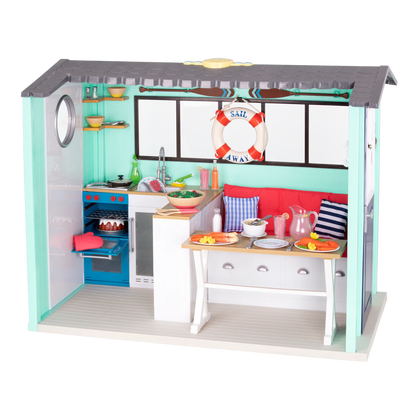 Seaside Beach House playset with open kitchen, counter, sink, lifebuoy ring