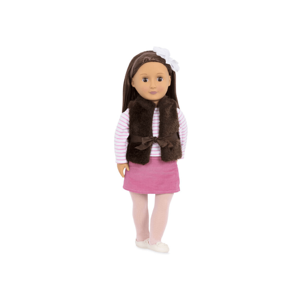 Fashion doll wearing a striped shirt, dark fur vest, pink skirt, and white head bow
