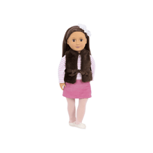 Fashion doll wearing a striped shirt, dark fur vest, pink skirt, and white head bow