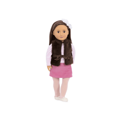 Fashion doll wearing a striped shirt, dark fur vest, pink skirt, and white head bow