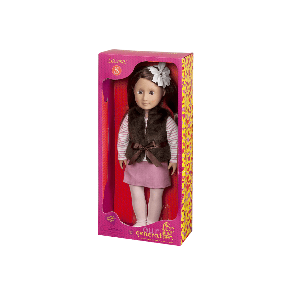 Sienna fashion doll in box wearing striped shirt, dark fur vest, pink skirt, white bow