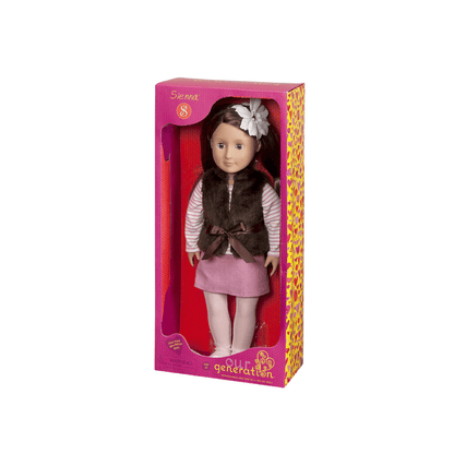 Sienna fashion doll in box wearing striped shirt, dark fur vest, pink skirt, white bow