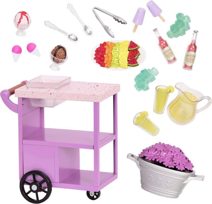 Summer Treats serving cart in purple with two shelves, wheels, and dessert accessories