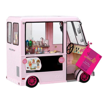 Pink ice cream truck with open serving window and colorful toy toppings inside