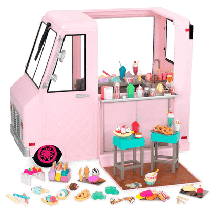 Pink ice cream truck with open side counter and play food accessories