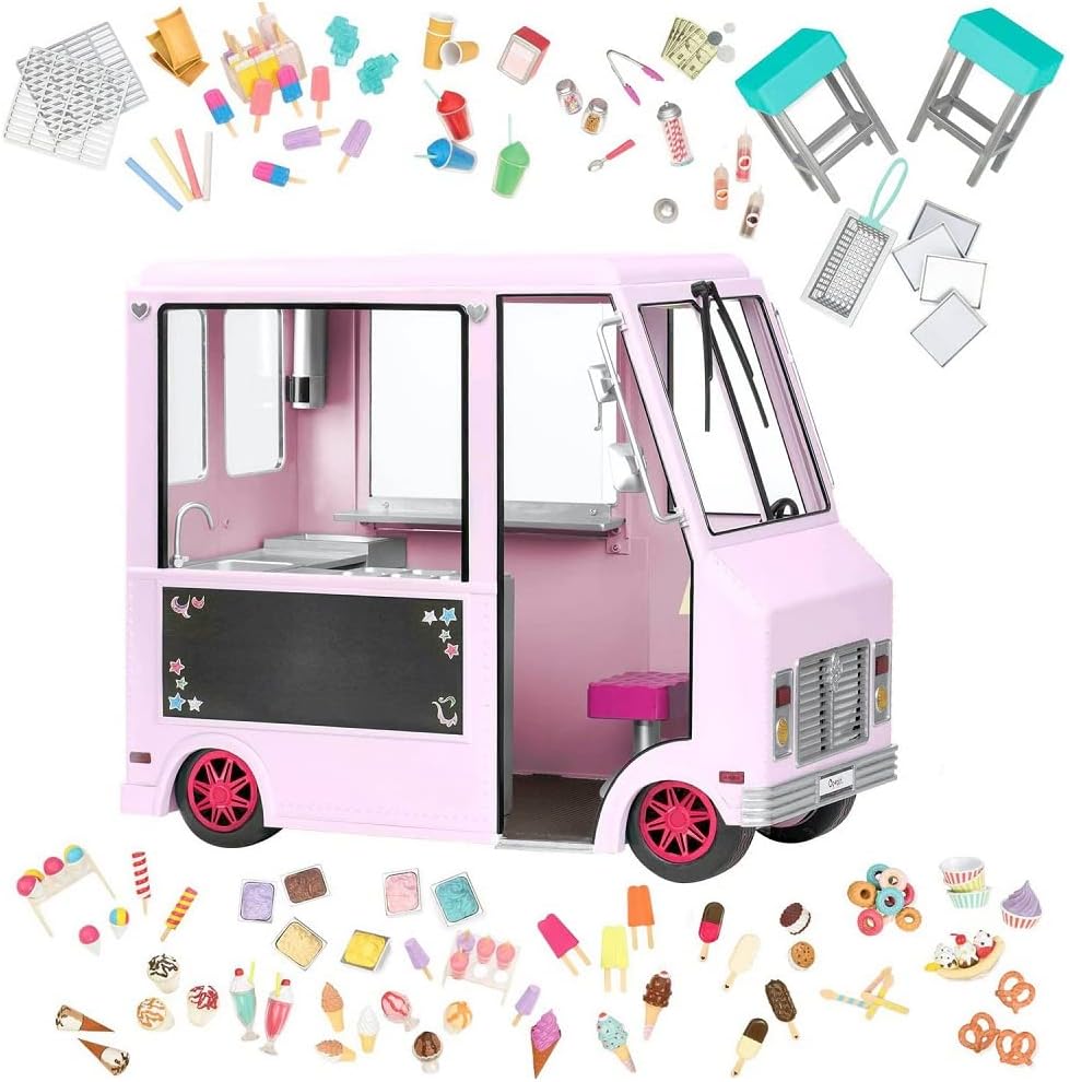 Pink ice cream truck with both back doors open and toy dessert accessories
