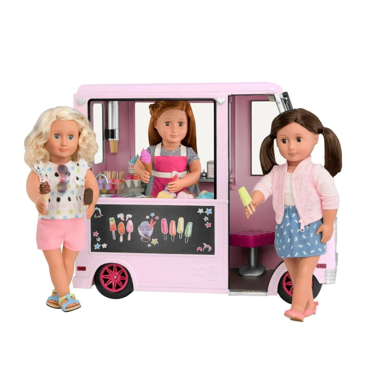 Pink ice cream truck with side open, two dolls holding treats, front view