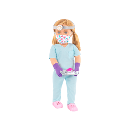 Surgeon career doll in light blue scrubs, face mask and clear visor, holding tray