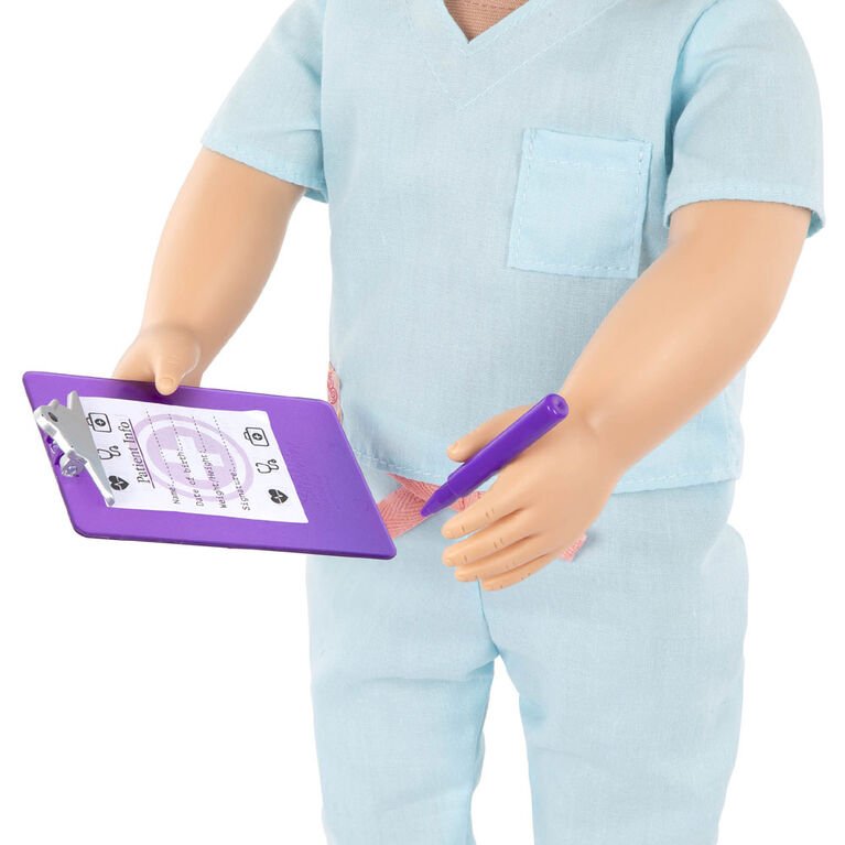Light blue scrub suit doll holding purple tablet with medical icons