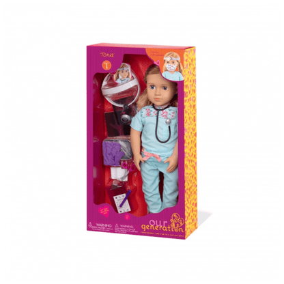 Surgeon career doll toy in retail box, light blue medical outfit with stethoscope
