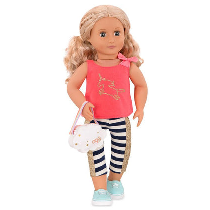 Doll in coral unicorn top and navy striped leggings with gold trim, teal shoes, holding cloud bag