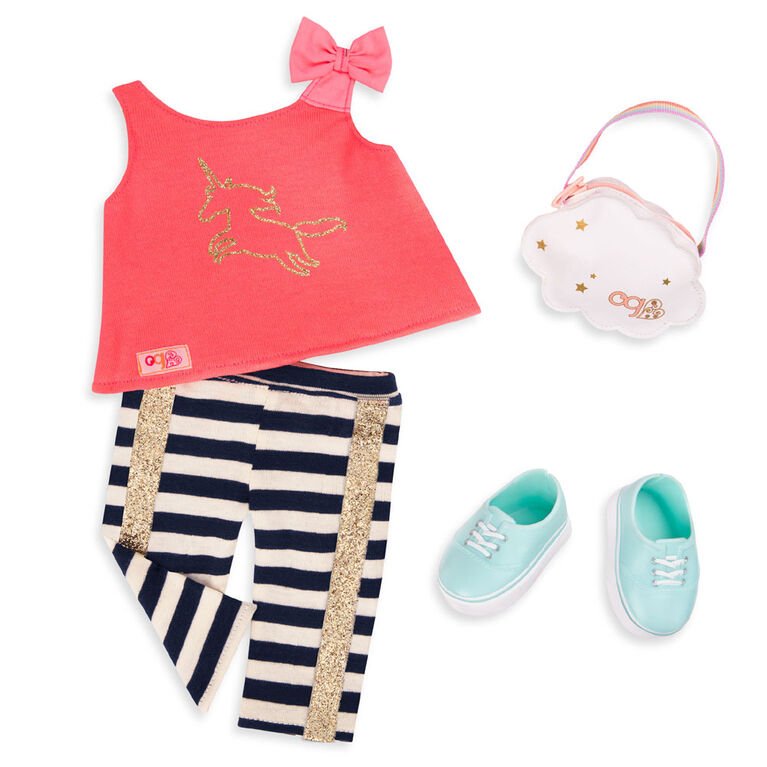 Coral pink unicorn tank top with bow, striped leggings with gold trim, teal doll shoes