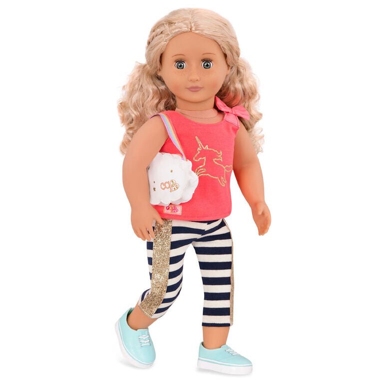 Doll in coral pink unicorn top with bow, navy-and-white striped capris, teal shoes, cloud bag
