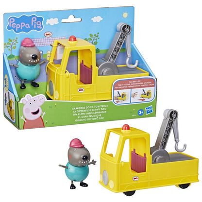 Granddad Dogs tow truck toy: yellow truck with tow crane and gray dog figure