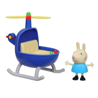 Blue toy helicopter with yellow rotor blades, red and green details, and rabbit figure