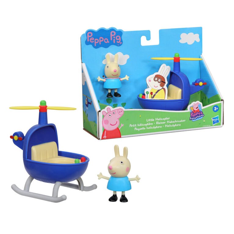 Blue toy helicopter with cabin interior, Peppa Pig and bunny figures, in box and loose