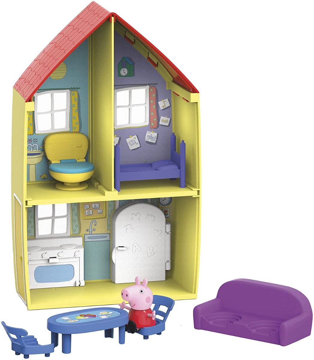 Dollhouse playset interior with toilet, sink, bed, and open fridge door