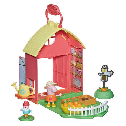 Garden shed playset with side window, green base and white fence, plus two Peppa figures
