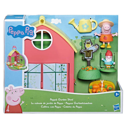 Peppa’s Garden Shed Playset box art showing pink shed, characters, and play accessories