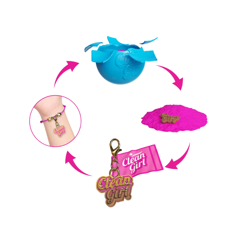 Clean Girl Clean-Up Kit set: blue ball, pink cloth pouch, charms and keyring