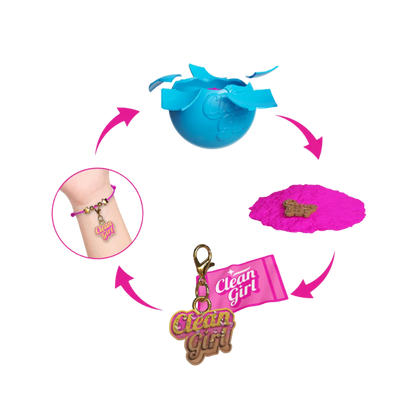 Clean Girl Clean-Up Kit set: blue ball, pink cloth pouch, charms and keyring